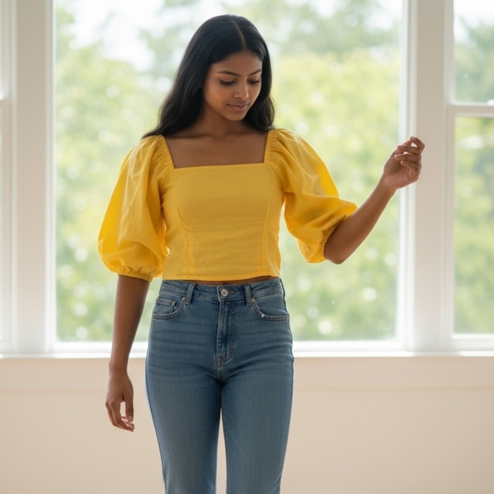 Dee Elly Square Neck yellow cropped puffed sleeve top, size Medium